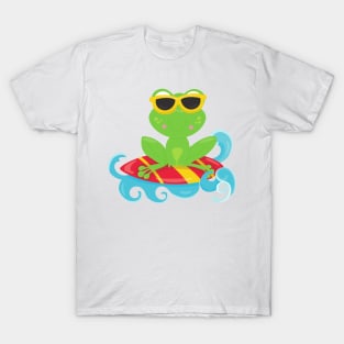 Cute Frog, Green Frog, Little Frog, Surfing Board T-Shirt